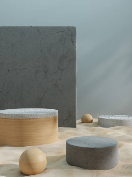 istock 3D rendering, Brown stone podium, Cosmetic display stand on blue background. presentation backdrop. 1445184525