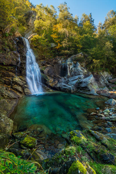 waterfall of Fondo in Traversella, Piedmont, Italy stock photo