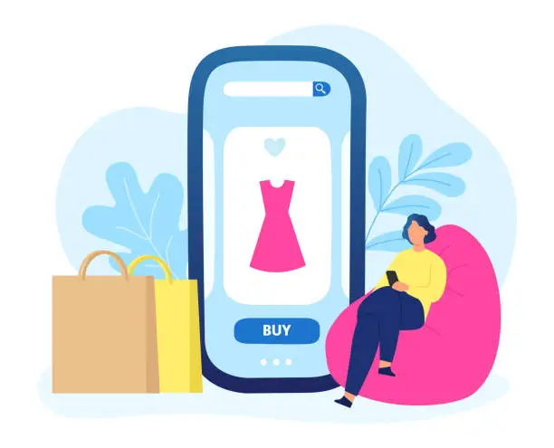 Vector illustration of Online shopping, girl buying clothes with smartphone