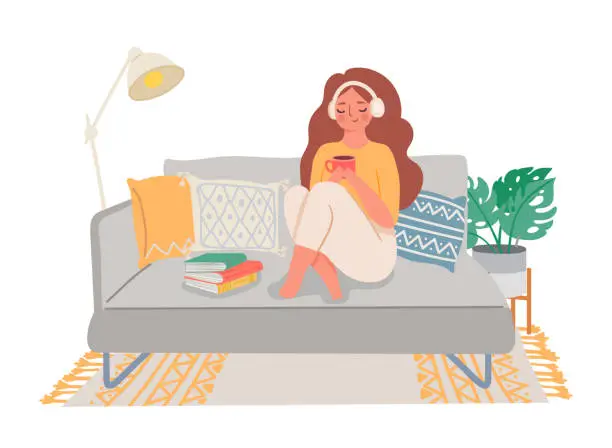 Vector illustration of People home hobby, girl sitting on sofa with tea and book