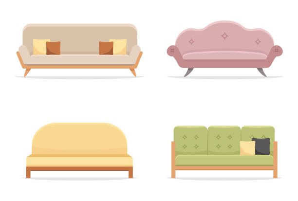 인테리어 사무실과 가정을위한 편안한 소파 컬렉션 - symbol home interior furniture pillow stock illustrations