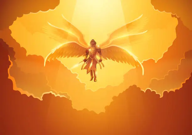 Vector illustration of Archangel with six wings holding a sword in the open sky