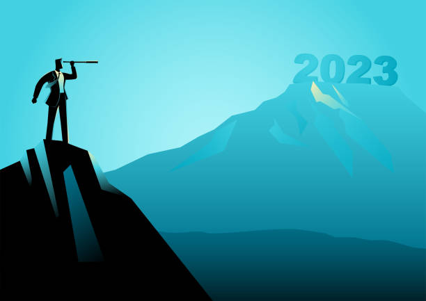 Businessman looking at the fuzziness of the year 2023 through telescope vector art illustration