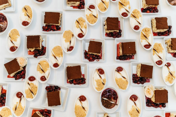 dessert variations with tiramisu and different mousses at a buffet