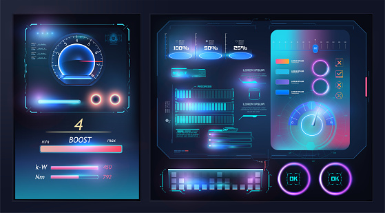 HUD, UI, GUI Futuristic User Interface. Dashboard, Scanning System infographic elements like scanning graph or waves. Cyberpunk graphs.