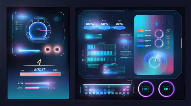 Vector illustration of HUD, UI, GUI Futuristic User Interface. Dashboard, Scanning System infographic elements like scanning graph or waves. Cyberpunk graphs. Display with data for computing, virtual game. Blue neon color