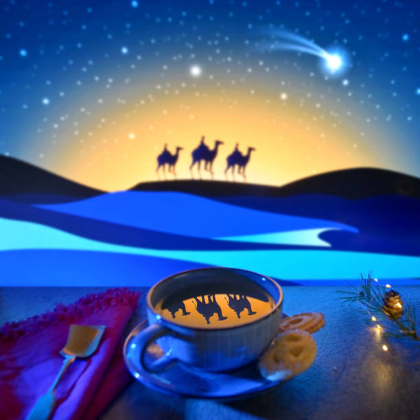 Nativity Of Jesus. Reflexion of Three Wise Men in Cup of Tea stock photo