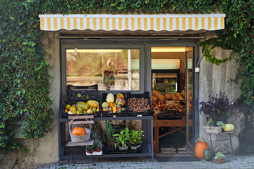 Slovakia, Bratislava - October 8, 2022: Entrance to a fruit and vegetable shop in Bratislava, Slovakia. High quality photo