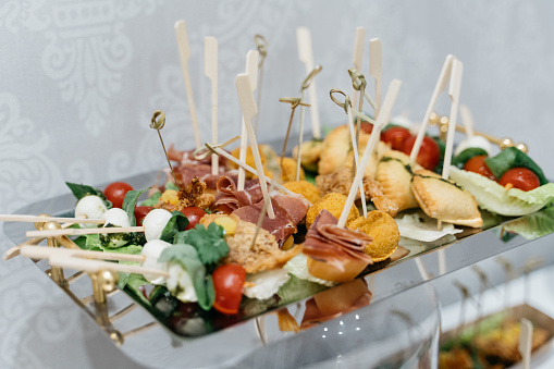 Plate with canapes and snacks, close up.