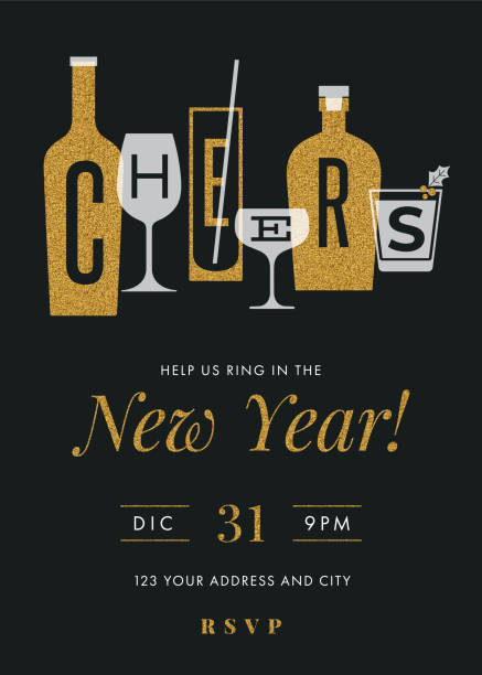 illustrations, cliparts, dessins animés et icônes de invitation à la fête du nouvel an avec acclamations. - martini glass wineglass wine bottle glass