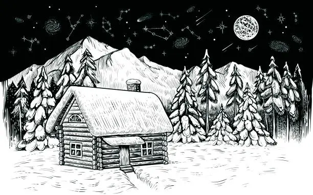 Vector illustration of Winter night in the mountains. Wooden house and forest, covered with snow. Vector black and white sketch.