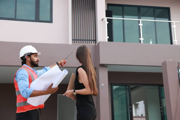 istock House project engineer explain the construction progress to owner . Femal customer check the progress of her new house 1445194087