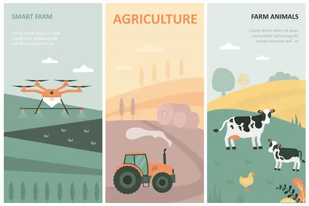 Vector illustration of Set with agriculture, farm animals, smart farming. Vertical banners - spraying irrigation drone, tractor on field, poultry and cows, agribusiness and technology.