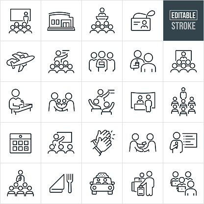 A set of convention and seminar icons that include editable strokes or outlines using the EPS vector file. The icons include a business person presenting to an audience at a business convention, Convention center, Presenter presenting from a lectern to a group of people at a seminar, photo ID name badge, air travel to business conference, Group of presenters facing forward, business conference attendee networking, group of people watching a video conference on a large screen, business presenter standing at lectern and speaking into microphone at convention, business people shaking hands at business seminar, business leader presenting at seminar, person visiting a vendor booth at a trade show, room of seminar attendees and a presenter standing at the front of the group, calendar date, clapping hands, person networking at business conference by giving business card to business leader, dining, taxi cab, conference goer checking into hotel at reception desk, and a person presenting to a group of business people on their laptops.