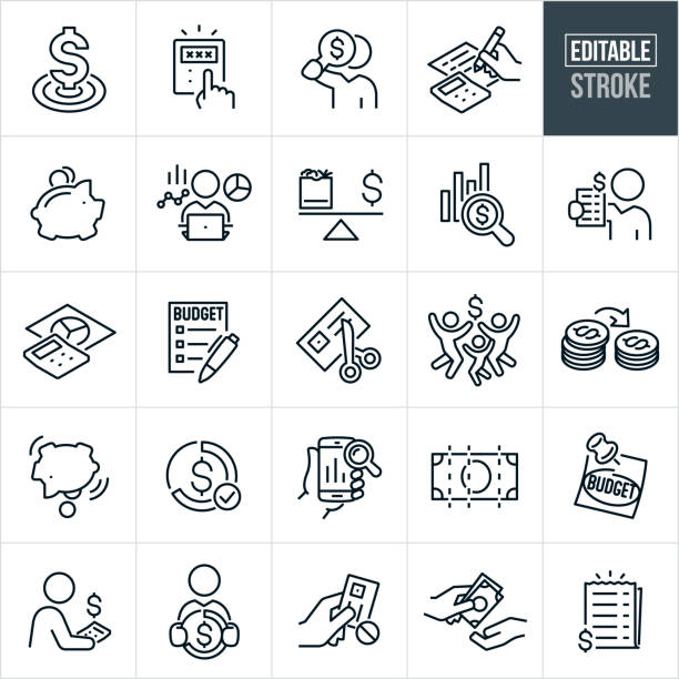 ilustraciones, imágenes clip art, dibujos animados e iconos de stock de presupuestar iconos de línea fina - trazo editable - los iconos incluyen presupuesto, presupuesto, finanzas, presupuesto personal, presupuesto financiero, ahorros, gastos, persona, personas, objetivo financiero, gastos, cifras financieras, calculadora, al - economía familiar