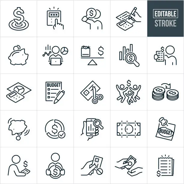 Vector illustration of Budgeting Thin Line Icons - Editable Stroke - Icons Include Budgeting, Budget, Finances, Personal Budget, Financial Budget, Savings, Expenses, Person, People, Financial Goal, Expenditures, Financial Figures, Calculator, Piggy Bank
