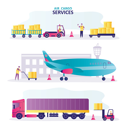 Air and truck cargo services and freight, big airplane and semi truck with autoloader. Forklift for loading of goods, boxes into transport. Set of global transportation, logistic. Vector illustration