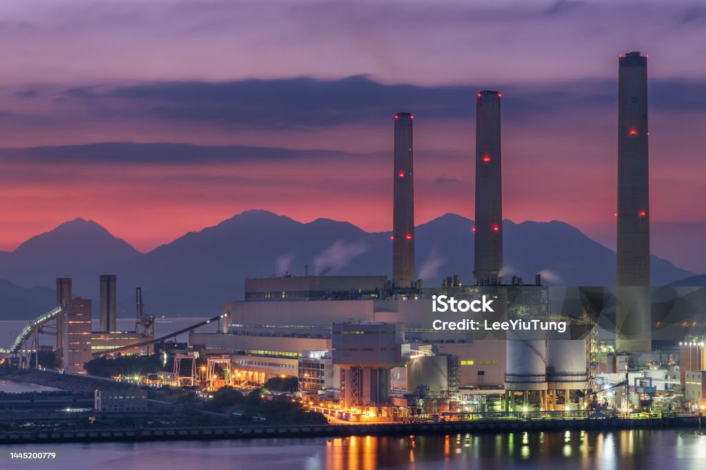 Power plant in Hong Kong at dusk Coal Stock Photo