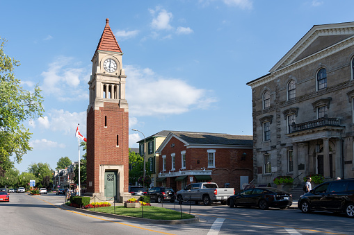 Niagara on the Lake, Ontario, Canada - July 22, 2022: Memorial Clock Tower (cenotaph) in Niagara-on-the-Lake, dedicated to the memory of Canadians who died in the service of their country.