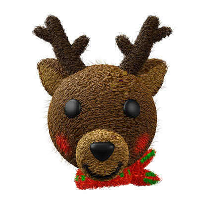 A 3D rendering of a charming, fluffy doll of a reindeer head decorated in a Christmas style, set against a white backdrop and separated from other objects.