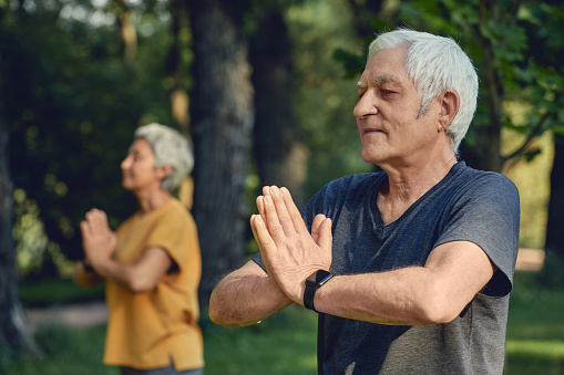 Older active couple do meditation practice with eyes closed pose in summer park folded arms makes mudra or Namaste sign, do yoga work out outdoors, healthy lifestyle on retirement, spirituality