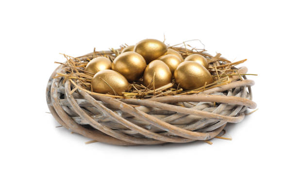istock Shiny golden eggs in nest on white background 1445202141