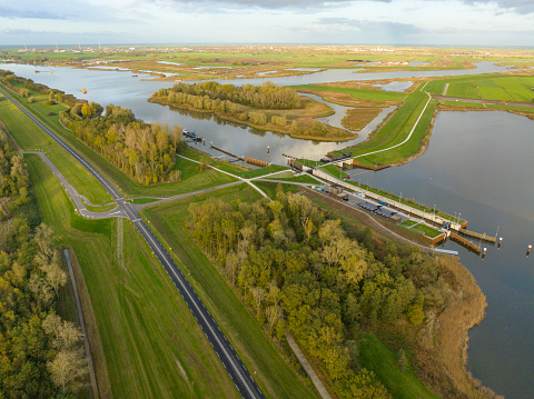 Aerial view on the new Reevesluis locks in the Drontermeer between Flevoland and Gelderland, Netherlands.