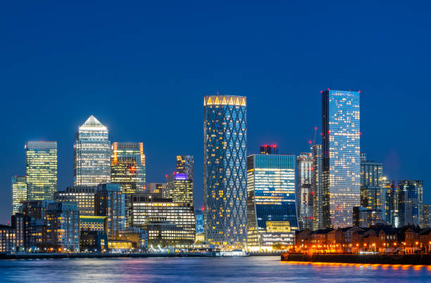 The London Canary Wharf City Skyline at Twilight, United Kingdom stock photo