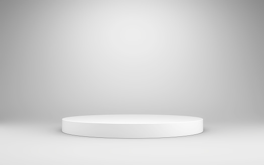 Empty white round pedestal or podium showcase stage for product display. 3d rendering.