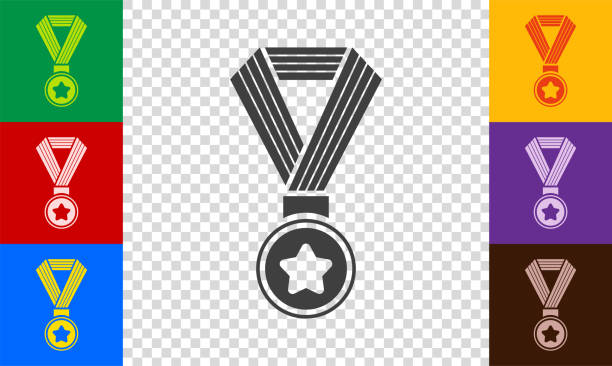 ilustraciones, imágenes clip art, dibujos animados e iconos de stock de conjunto de iconos de la medalla. - silver medal award ribbon green