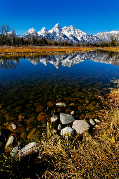 Tetons Tetons Mountain Range in Winter with snow and trees and reflection of light in River