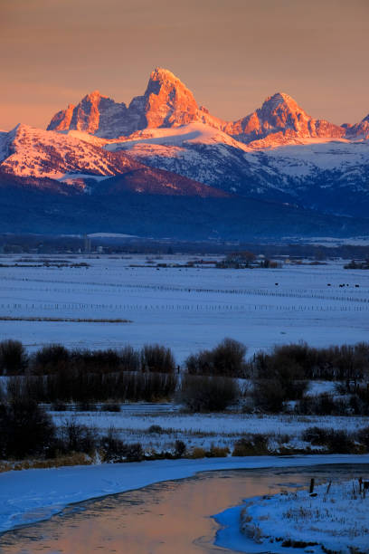 istock Tetons Teton Mountains in Winter Snow and Trees with Reflection in River 1445206675