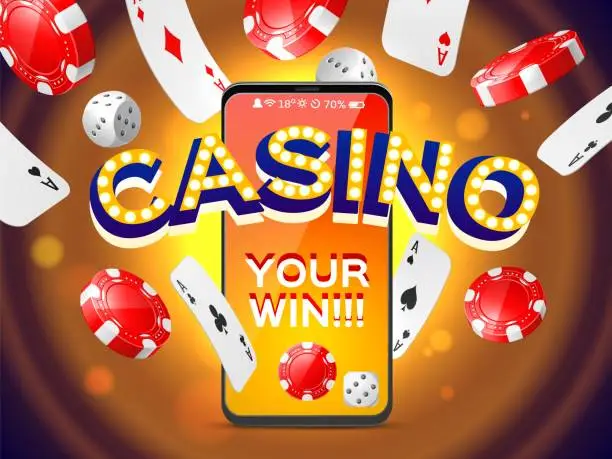 Vector illustration of Realistic casino poster. Online gambling composition, mobile gaming application, flying cards, dice, red chips, smartphone screen, fortune game tokens, 3d utter vector concept