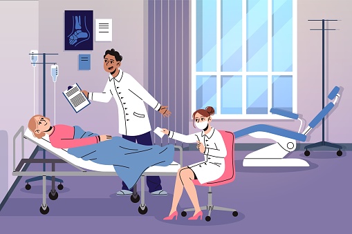 Doctor examination. Patient visit, good medical prognosis, hospital office, woman lying couch, diseases treatment and recovery, clinic interior, cartoon flat characters, tidy vector isolated concept