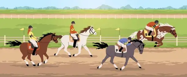 Vector illustration of Equestrian competitions. Horse racing, hippodrome sport tournament, professional jockeys wearing helmets on racehorses, gallop and jump, cartoon flat isolated characters, tidy vector concept