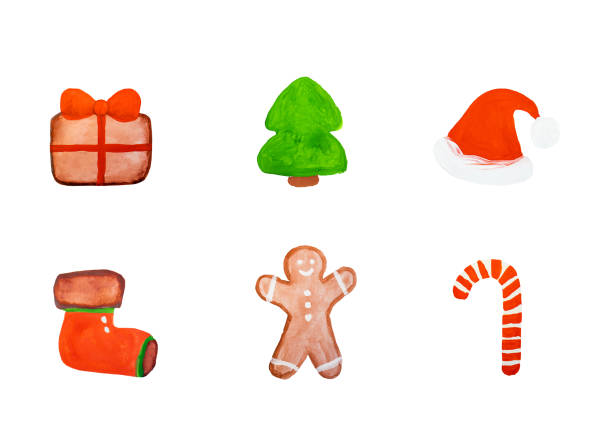 christmas illustrations set children's paint drawings santa hat, gift with ribbon, gingerbread man, christmas sock, christmas tree, candy cane, on a white background christmas illustrations set children's paint drawings santa hat, gift with ribbon, gingerbread man, christmas sock, christmas tree, candy cane, on a white background mosman stock illustrations