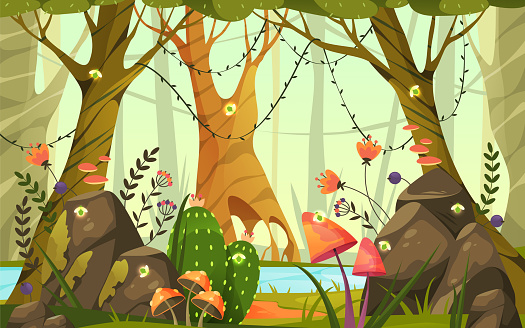 Enchanted forest or magic woodland, vector banner or background. Fantasy nature scape with fairy plants, charmed berries and mushrooms, fireflies. Fairytale scenery view, backdrop or card.