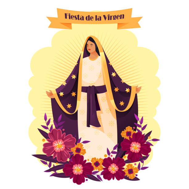 Our Lady of Guadalupe, religious mexican holiday. Our Lady of Guadalupe, religious mexican holiday. Vector banner or greeting card. Fiesta de la virgen, Virgin Mary. Traditional catholic holiday. Sacred or holy figure of woman. virgen de guadalupe stock illustrations