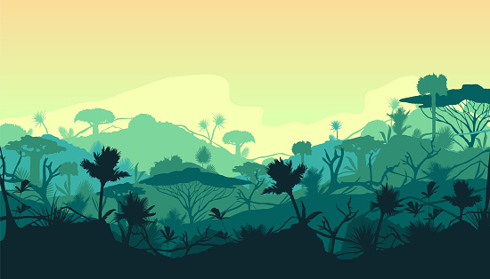 Jungle forest or amazon rainforest, vector banner or background. Silhouettes of tropical or equatorial planting. Amazonian exotic nature, tropical environment. Sunrise scenery view.