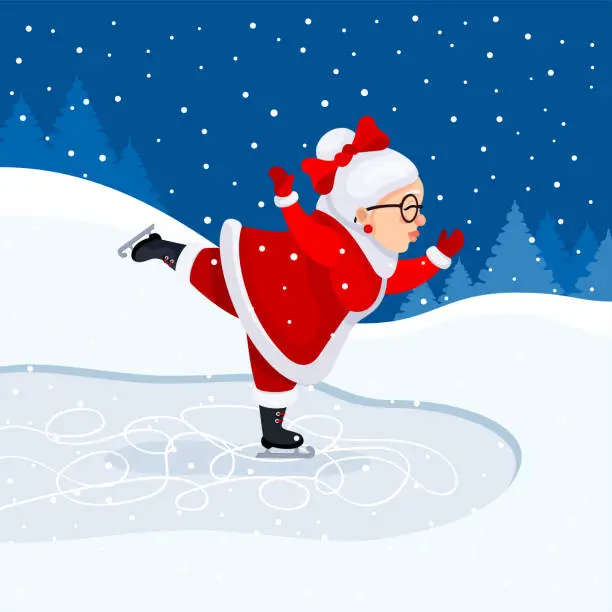 Vector illustration of Mrs Claus skating on Ice. Christmas card.