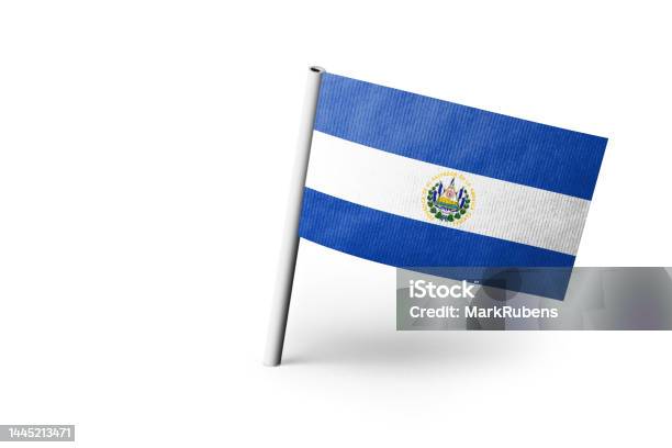El Salvadoran Flag Pinned White Background Stock Photo - Download Image Now - Close-up, Color Image, Copy Space
