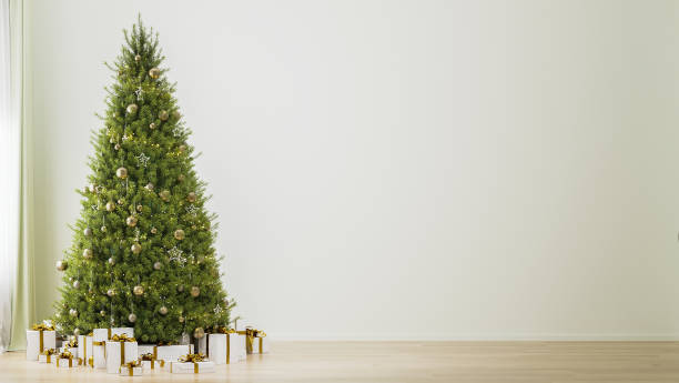 istock Empty room interior with decorated Christmas tree with festive lights, ornaments, gifts, 3d rendering 1445213528