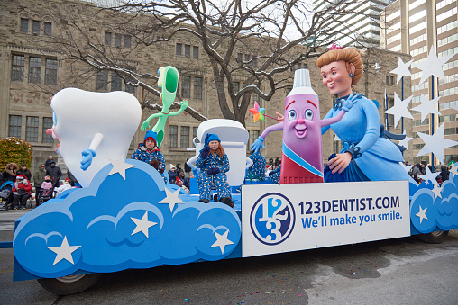 Toronto Ontario, Canada- November 20th, 2022: 123 dentist parade float in Toronto's annual Santa Claus parade.