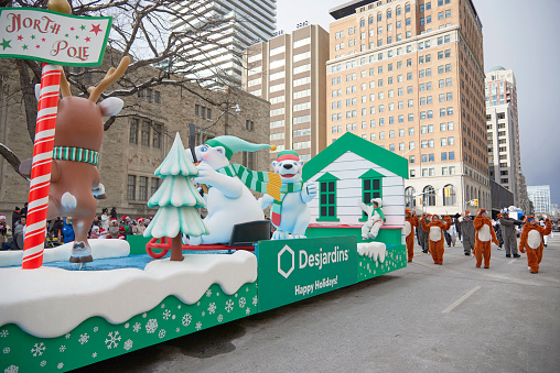 Toronto, Ontario, Canada- November 20th, 2022:The Desjardins Group parade float in Toronto’s annual Santa Claus Parade.