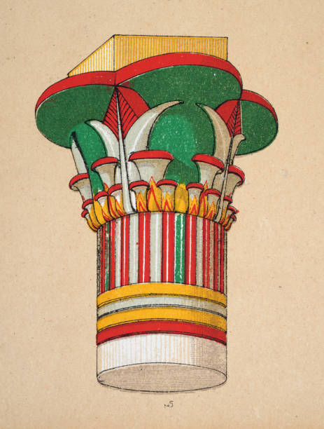 Vintage illustration Ancient Egyptian decorative art and architecture, painted column capital from a temple at Philae, Papyrus in growth