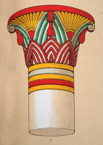 Vintage illustration Ancient Egyptian decorative art and architecture, painted column capital from temple in Oasis of Thebes