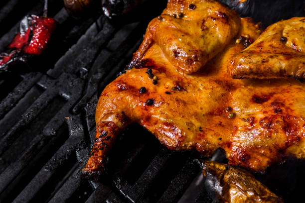 istock Chicken tabaka marinated with paprika is grilled with vegetables. Fire can be seen from under the grate. Nearby lies half a tomato, green onion, eggplant, paprika. 1445218049