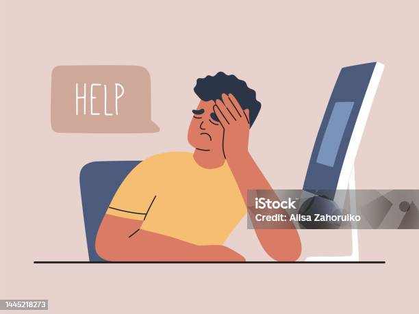 Exhausted Tired Man At Computer Overworked And Request Help Stress And ...