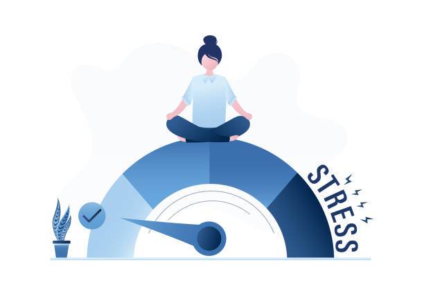 Stress test, employee relaxing without psychological pressure. Female clerk is calm and mentally healthy. Businesswoman sitting in lotus yoga pose on measuring scale. Break time. vector art illustration