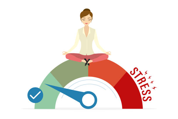 ilustrações de stock, clip art, desenhos animados e ícones de stress test, female employee is not subject to psychological pressure, woman clerk is calm and mentally healthy. businesswoman sitting in lotus yoga pose on measuring scale. - performance physical pressure emotional stress terrified